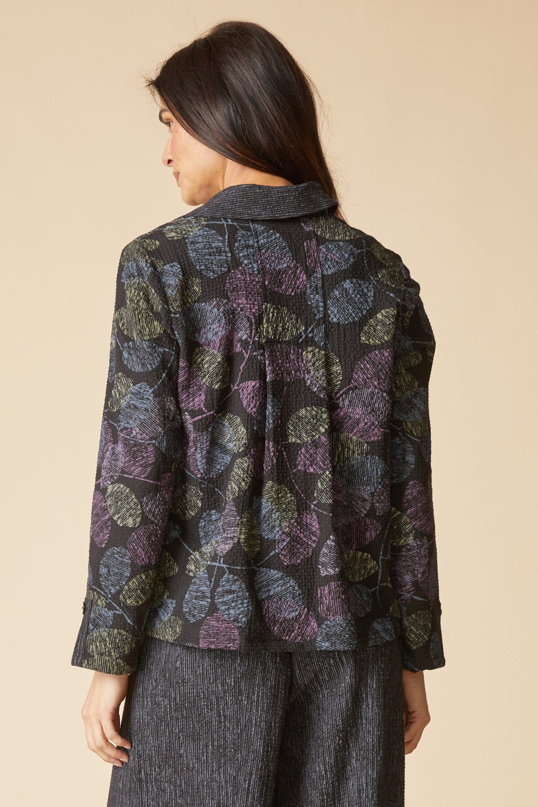 Black Falling Leaves Crinkle Crepe Jacket