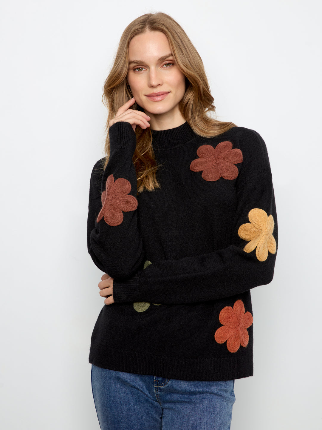 Black Flower Applique Plush Sweater