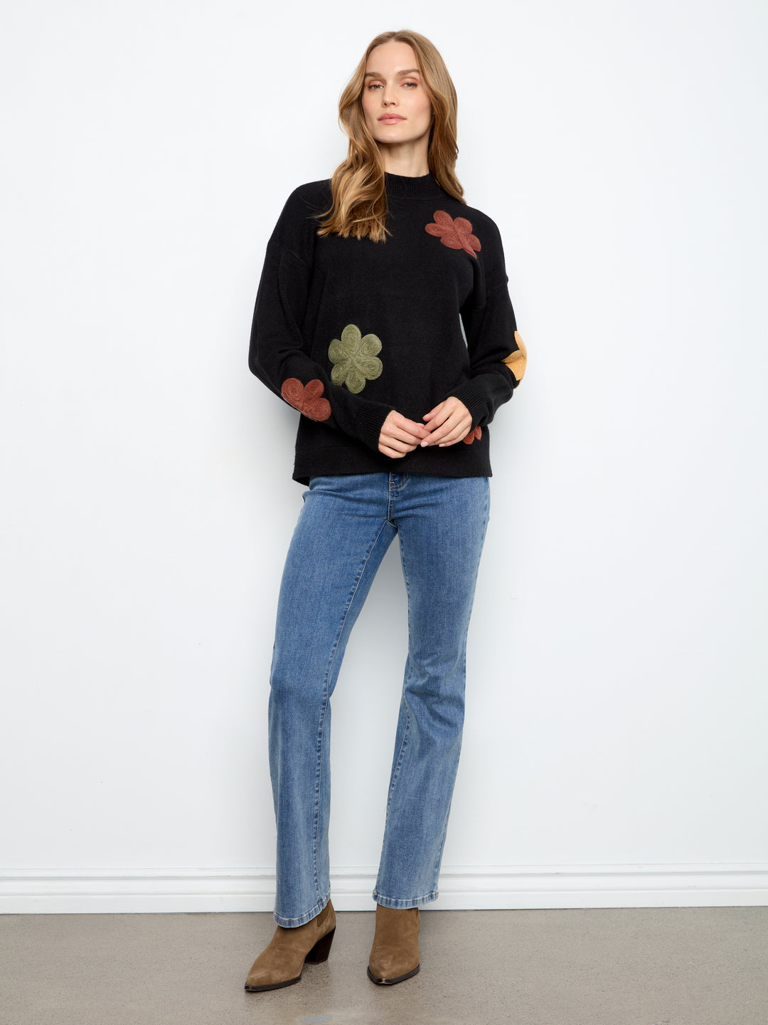 Black Flower Applique Plush Sweater