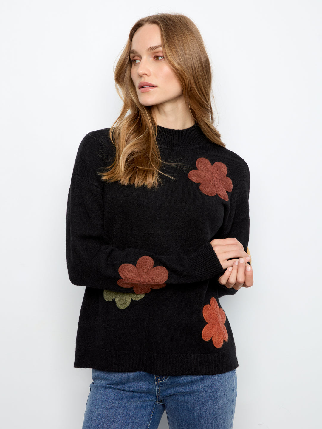 Black Flower Applique Plush Sweater