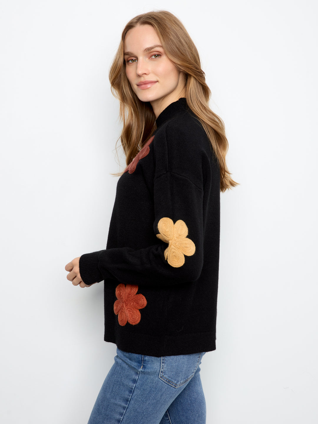 Black Flower Applique Plush Sweater