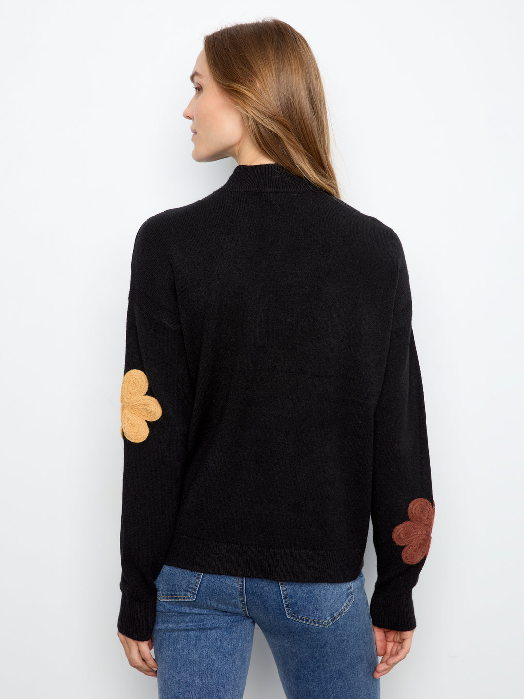 Black Flower Applique Plush Sweater