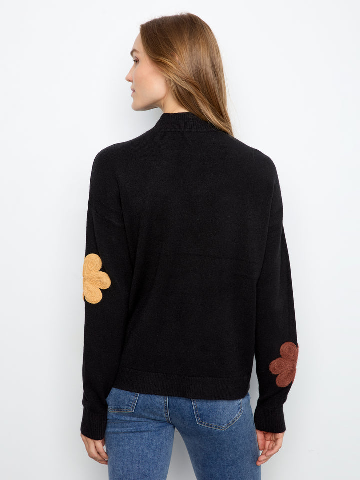 Black Flower Applique Plush Sweater