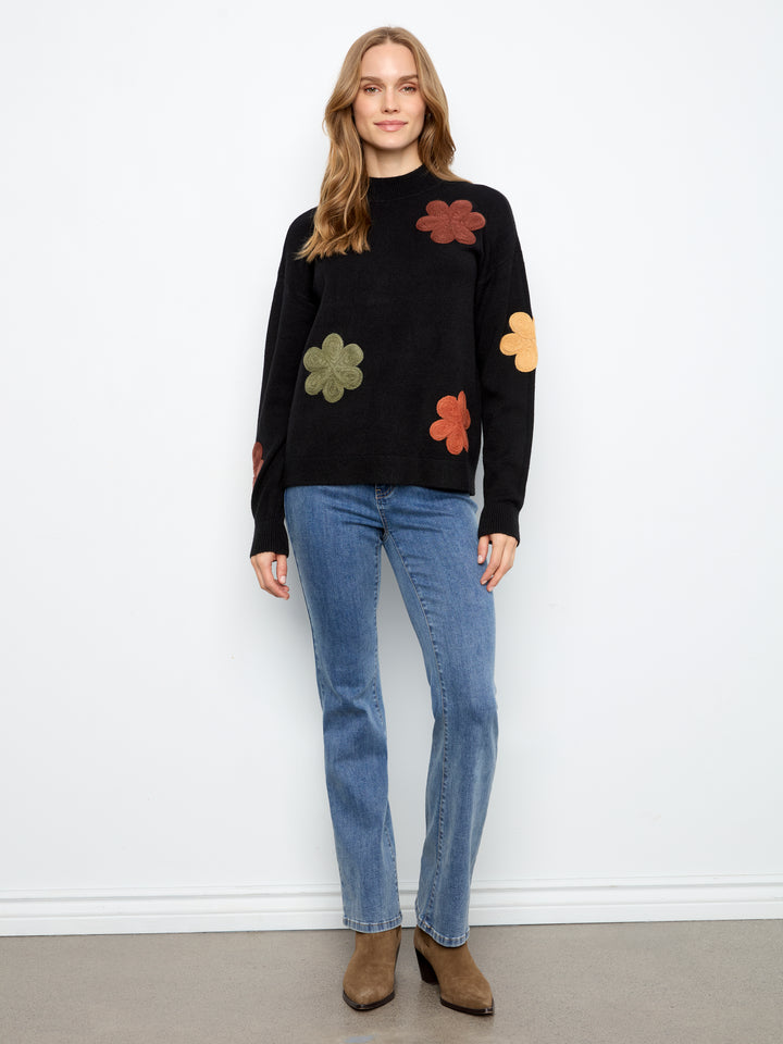 Black Flower Applique Plush Sweater