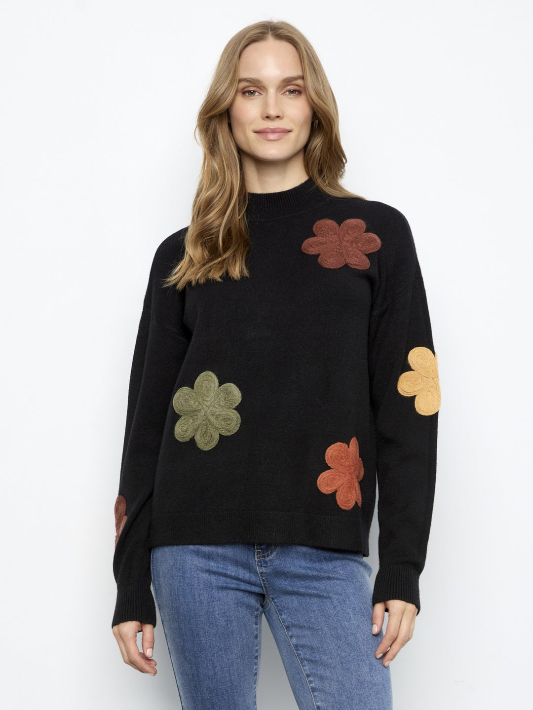 Black Flower Applique Plush Sweater