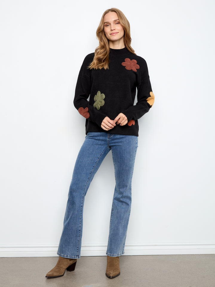 Black Flower Applique Plush Sweater