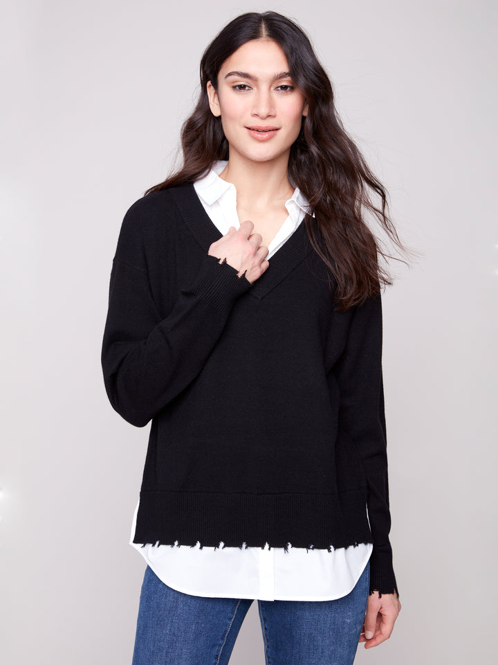 Black Fooler Sweater With Shirt Collar
