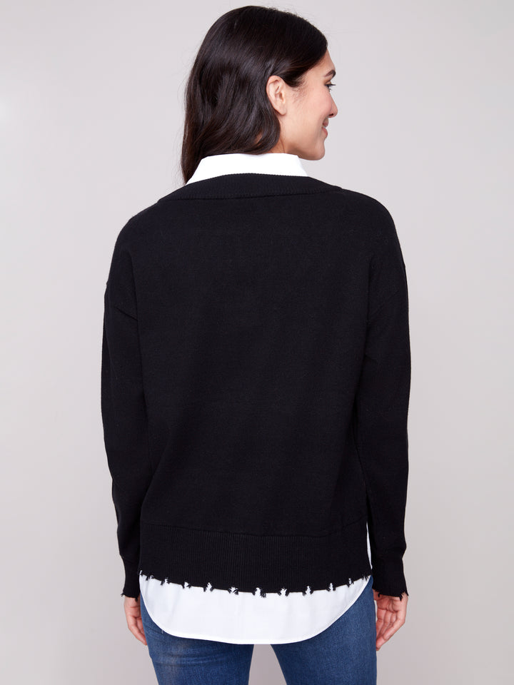 Black Fooler Sweater With Shirt Collar