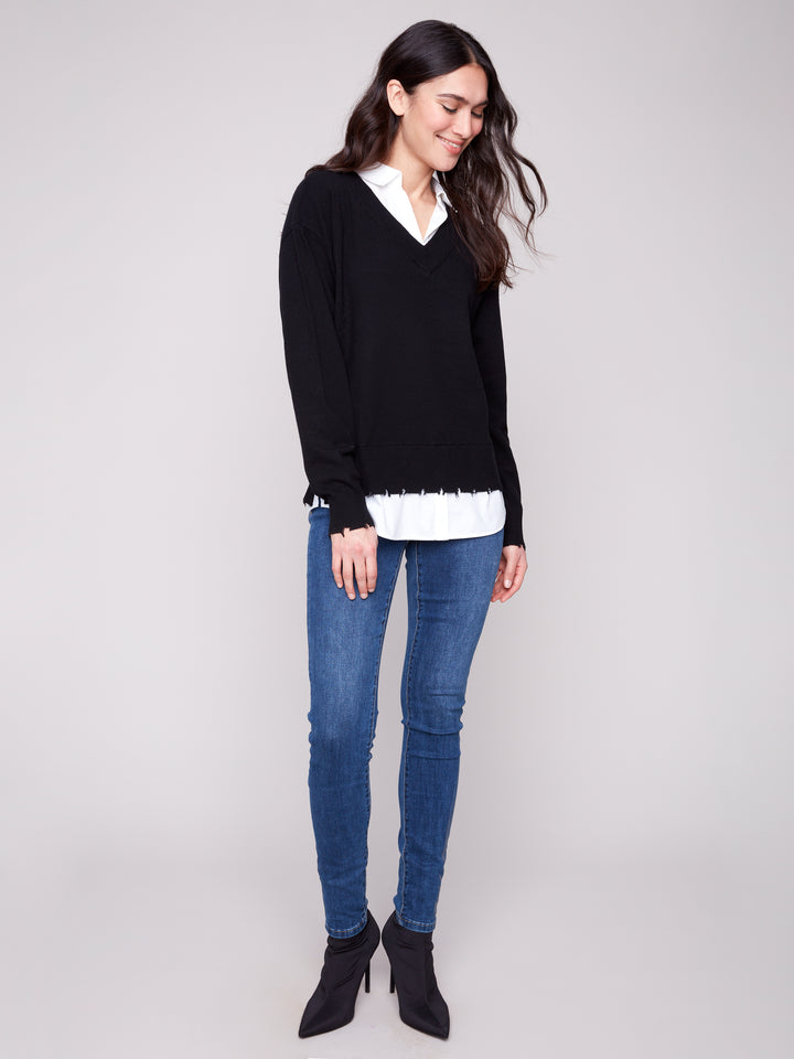 Black Fooler Sweater With Shirt Collar