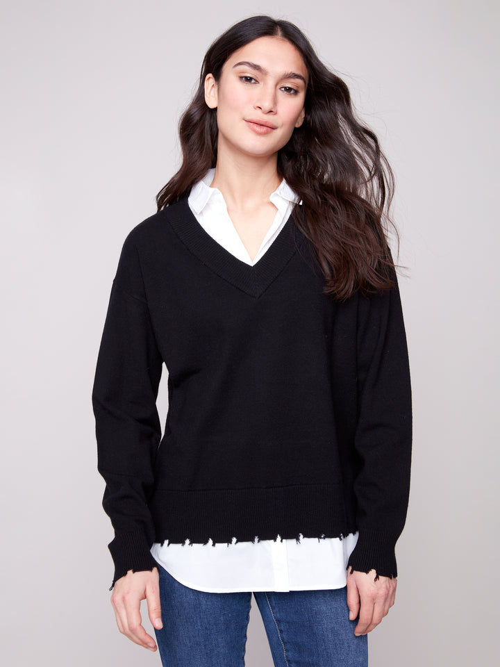 Black Fooler Sweater With Shirt Collar