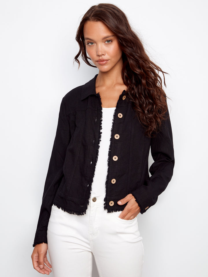 Black Frayed Edge Linen Jacket