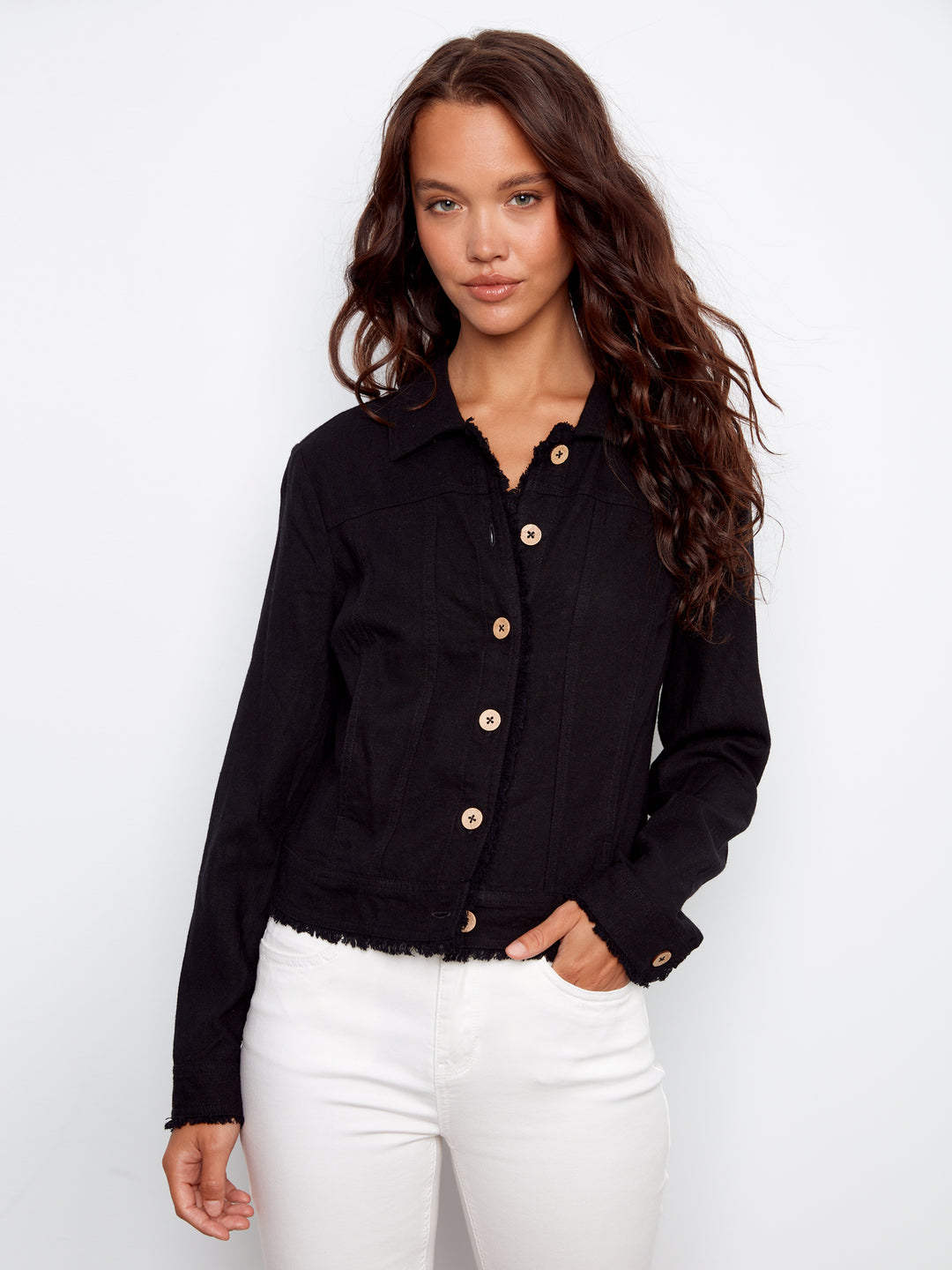 Black Frayed Edge Linen Jacket