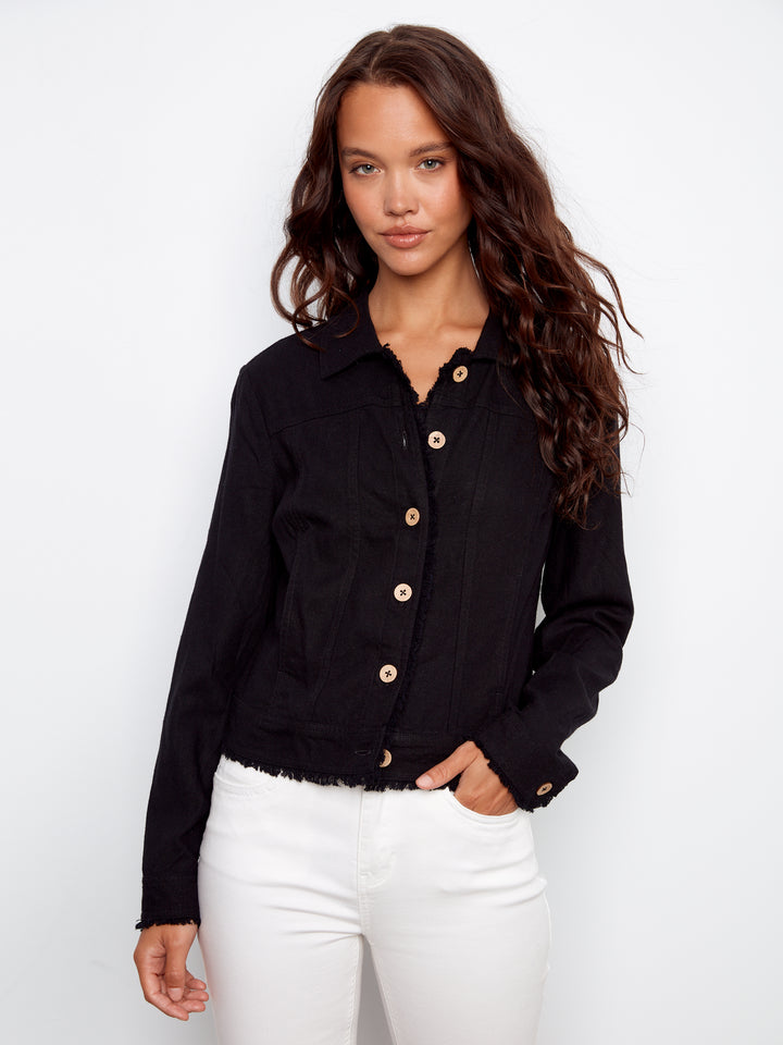 Black Frayed Edge Linen Jacket