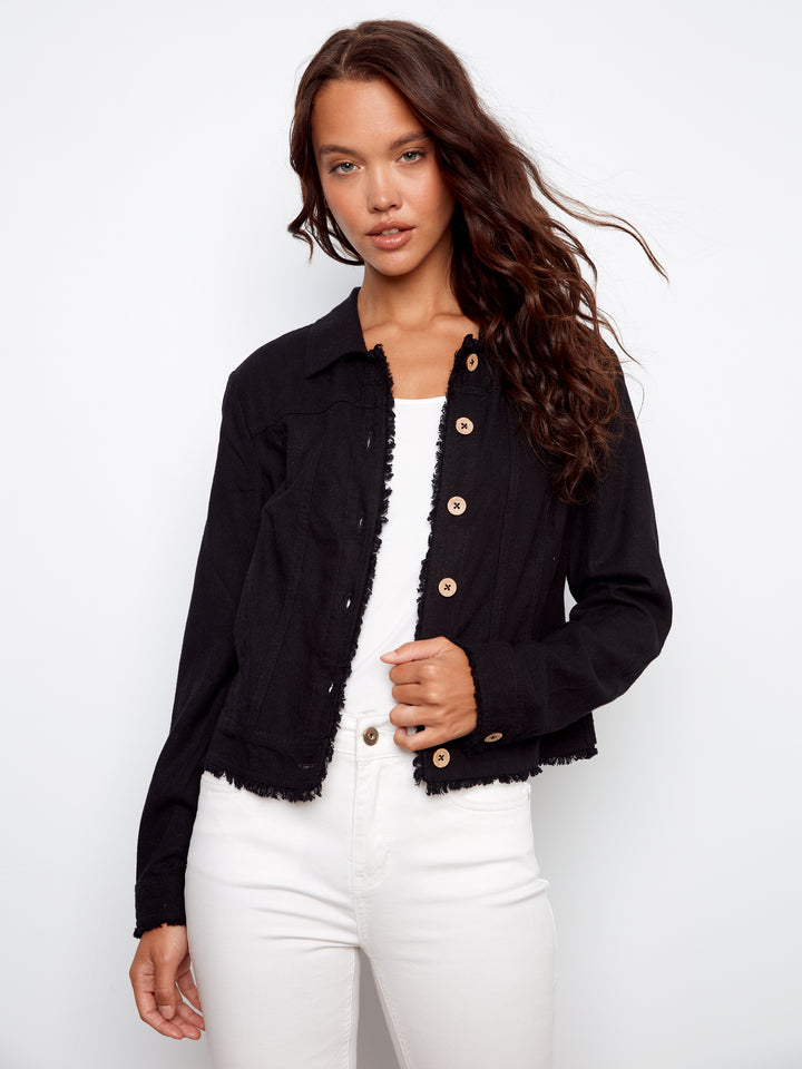 Black Frayed Edge Linen Jacket