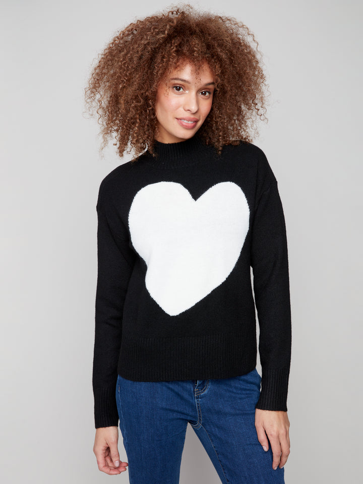 Black Intarsia Heart Mock Neck Sweater