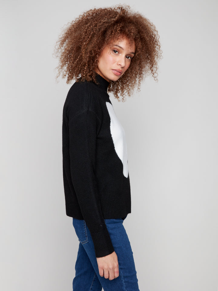 Black Intarsia Heart Mock Neck Sweater