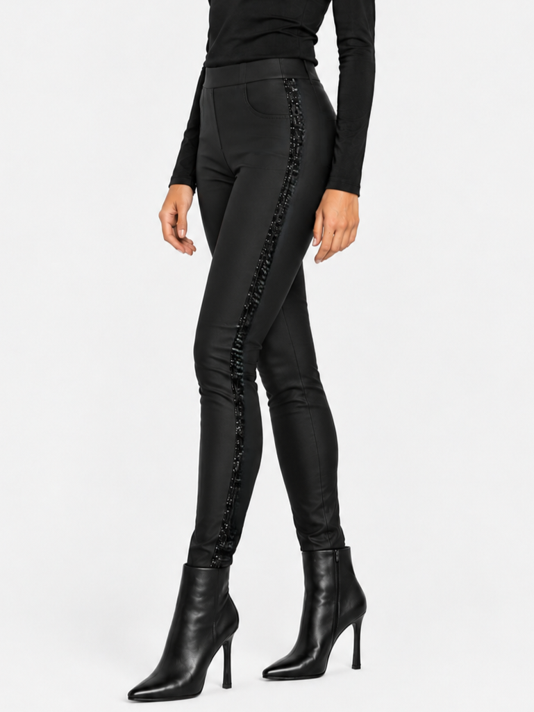 Black Jewel Trim Textured Vegan Leather Legging