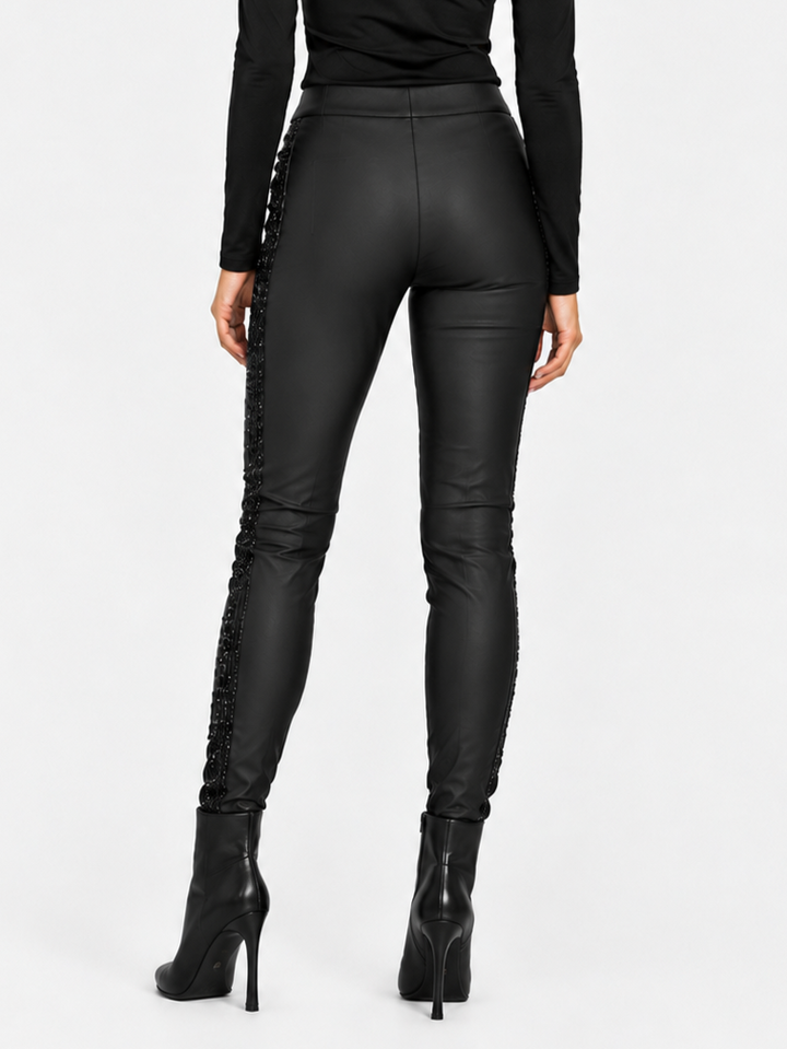 Black Jewel Trim Textured Vegan Leather Legging