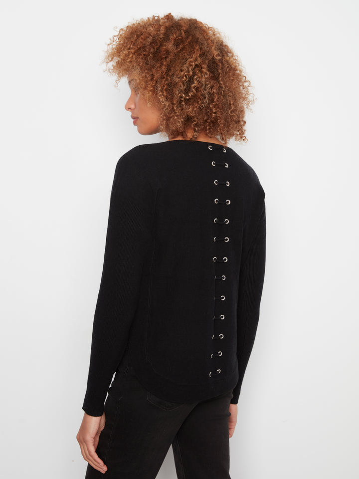 Black Lace-Up Back Plushy Knit Sweater