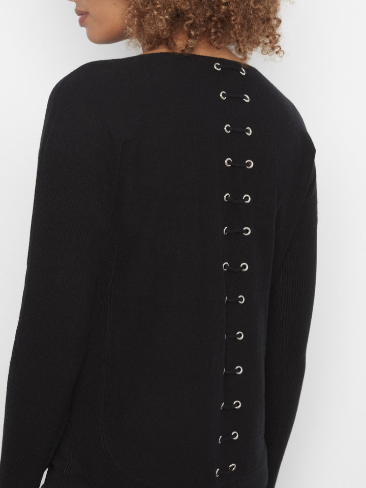 Black Lace-Up Back Plushy Knit Sweater