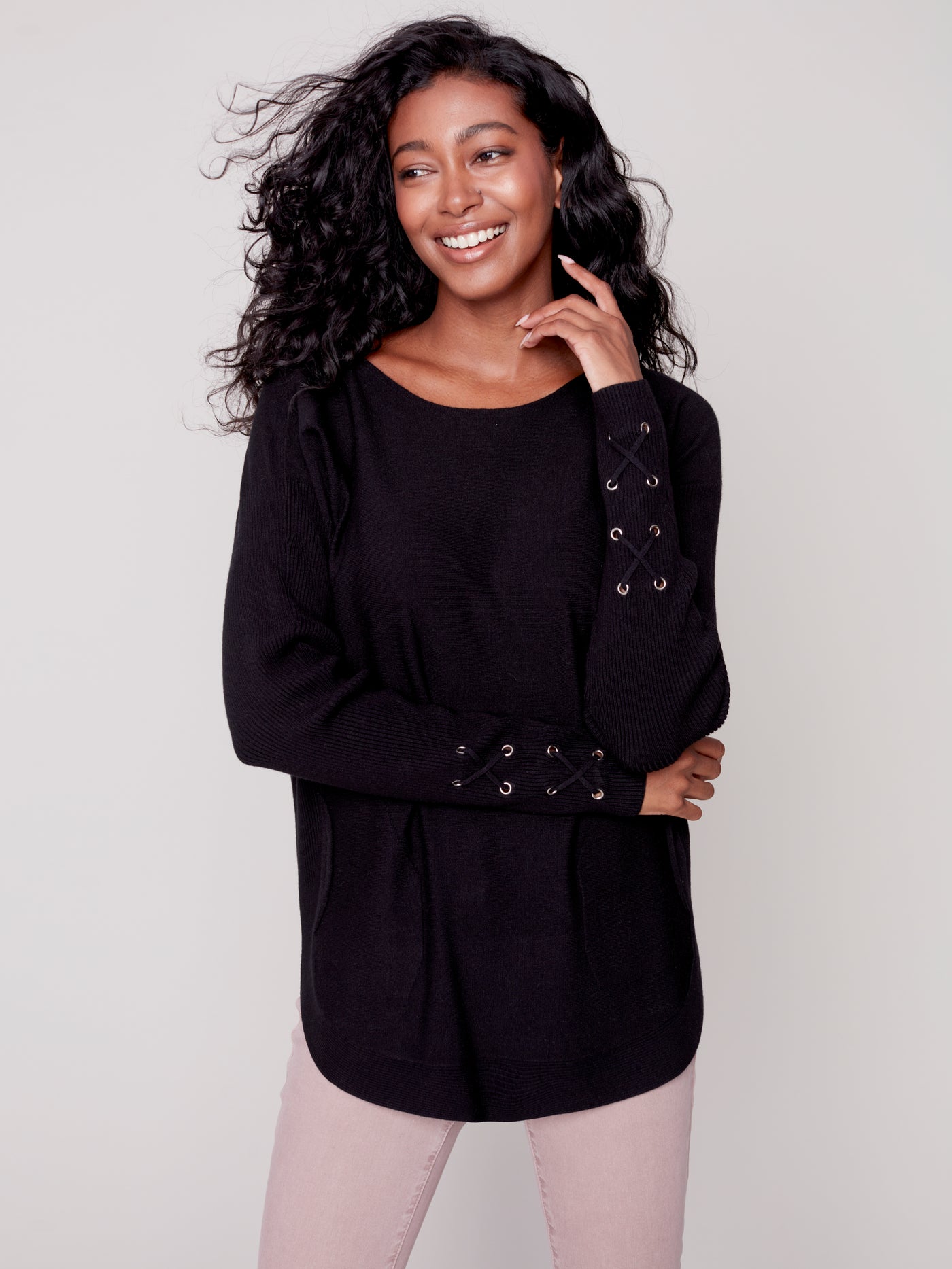 Black Lace-Up Sleeve Plush Knit Sweater