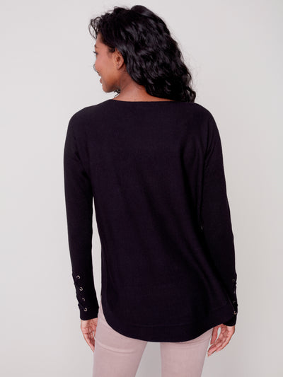 Black Lace-Up Sleeve Plush Knit Sweater