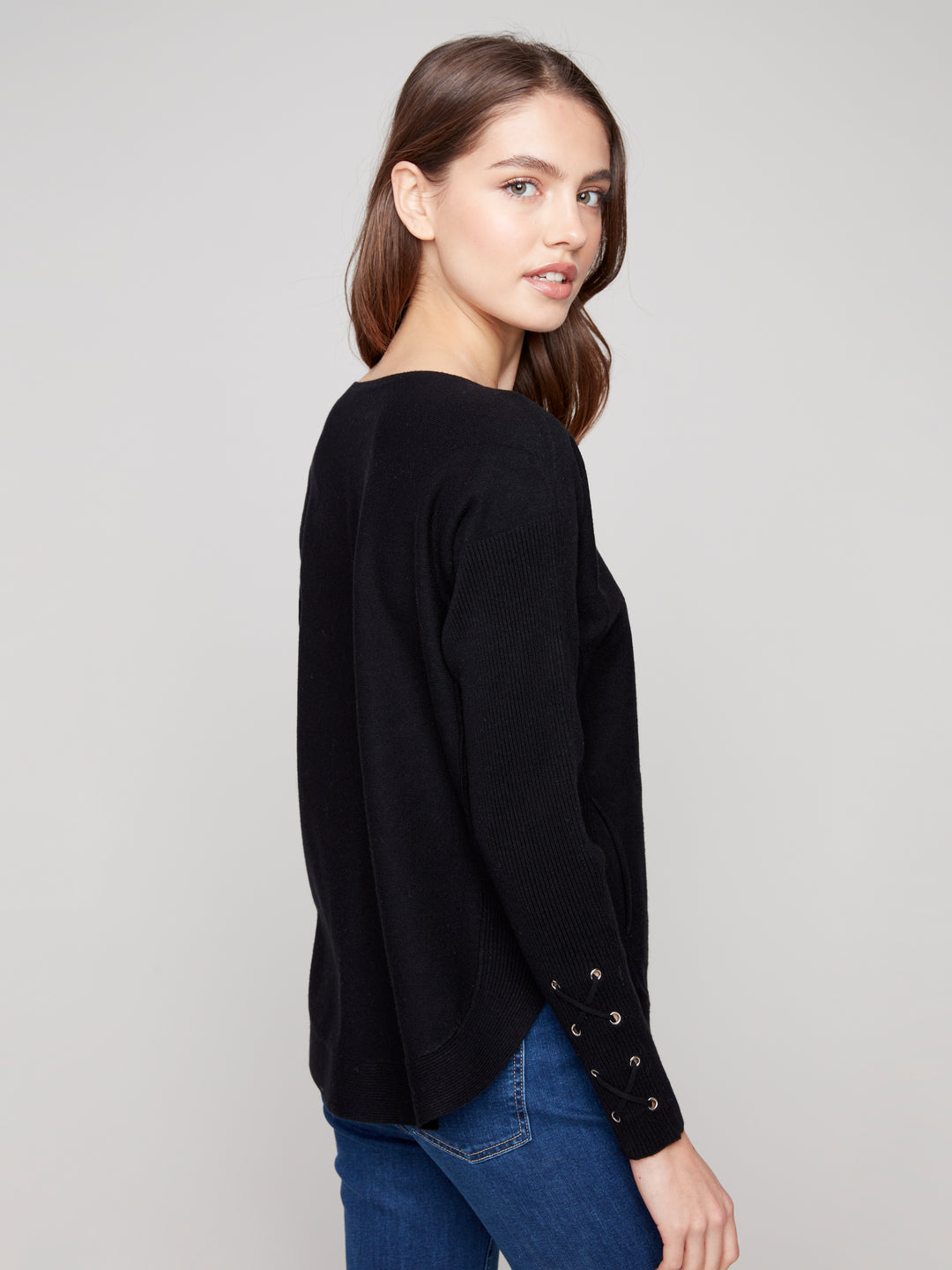 Black Lace-up Cuff Sweater
