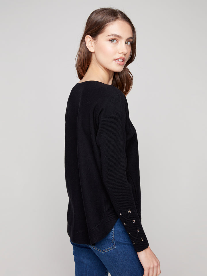 Black Lace-up Cuff Sweater