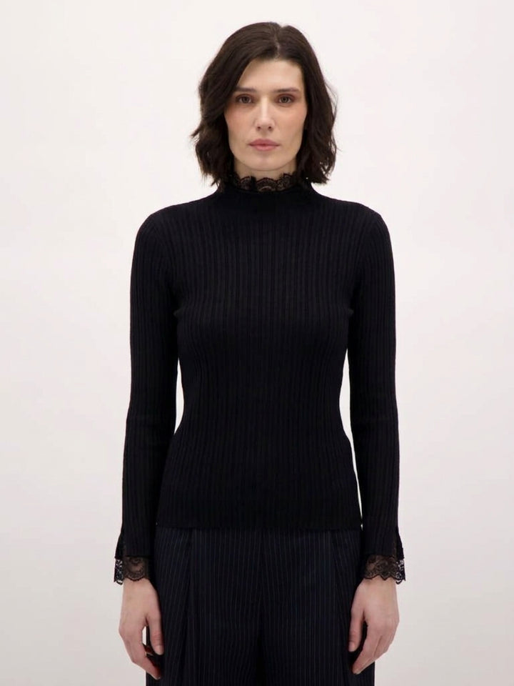 Black Lace Trim Rib Knit Sweater