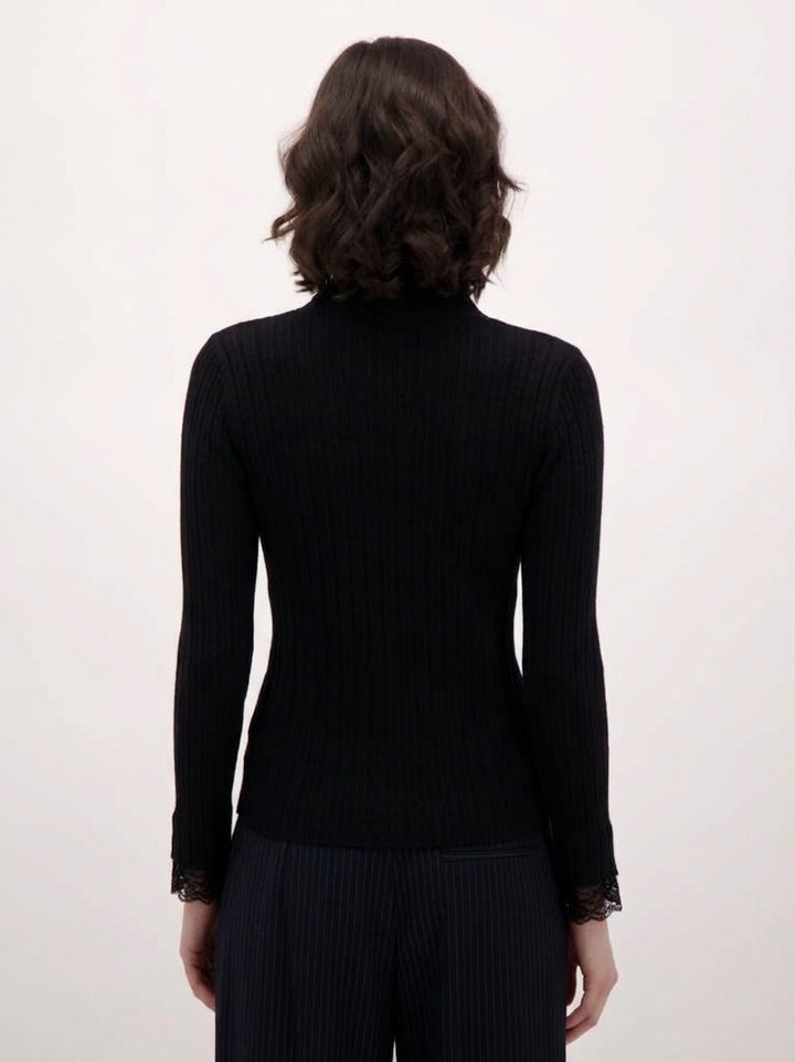 Black Lace Trim Rib Knit Sweater