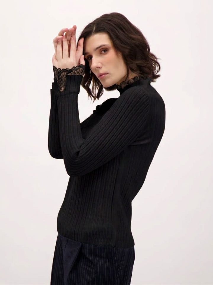 Black Lace Trim Rib Knit Sweater