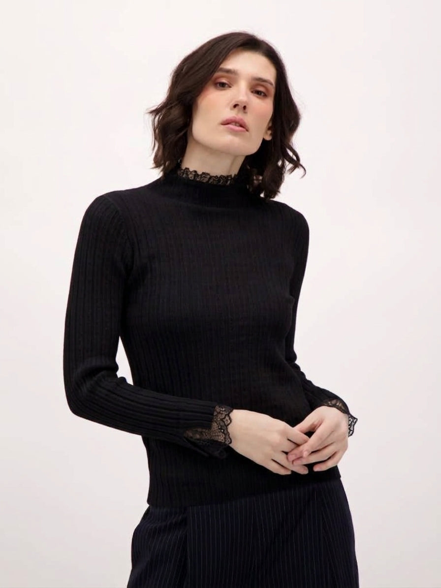 Black Lace Trim Rib Knit Sweater