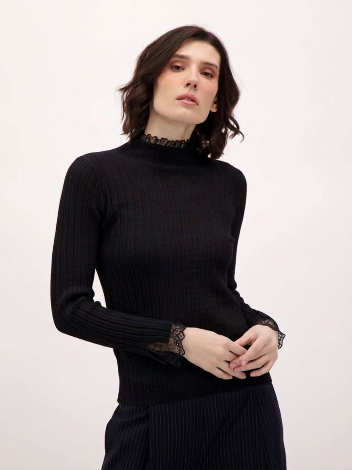 Black Lace Trim Rib Knit Sweater