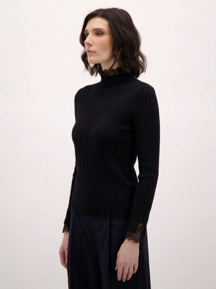 Black Lace Trim Rib Knit Sweater