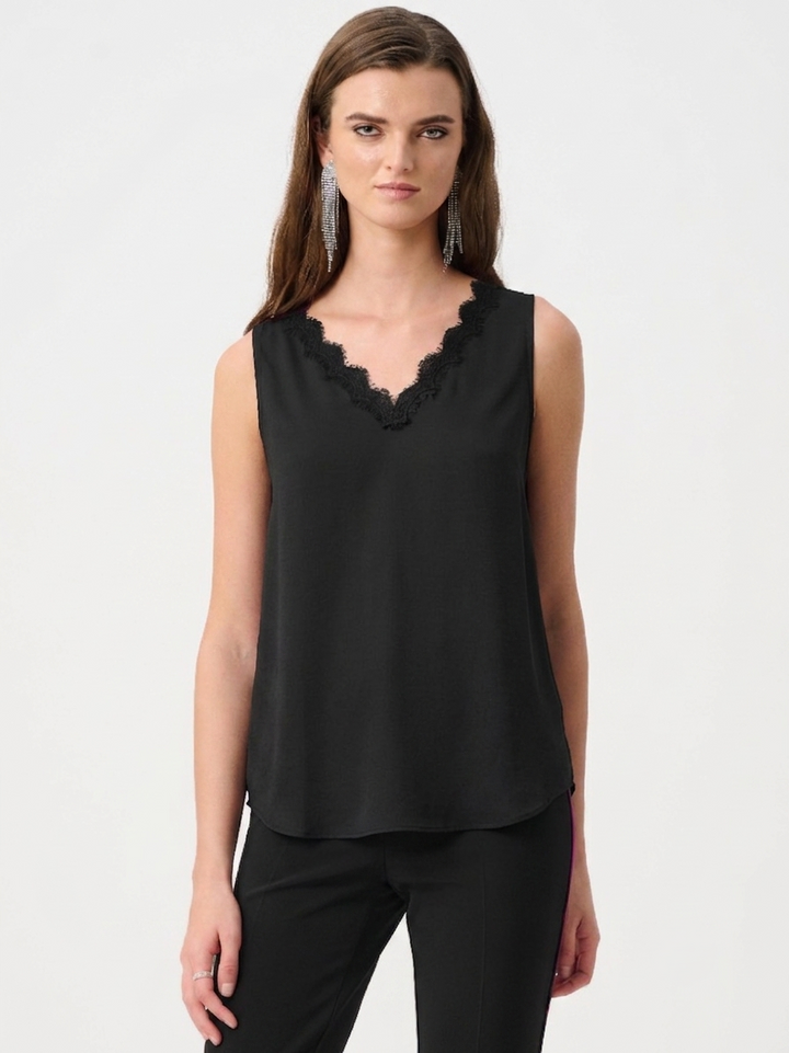 Black Lace Trim Satin V-Neck Top