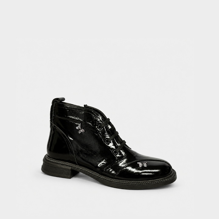 Black Leather Patent Square Toe Butterfly Shoe