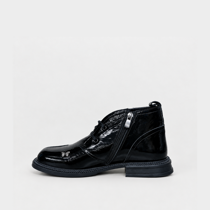 Black Leather Patent Square Toe Butterfly Shoe