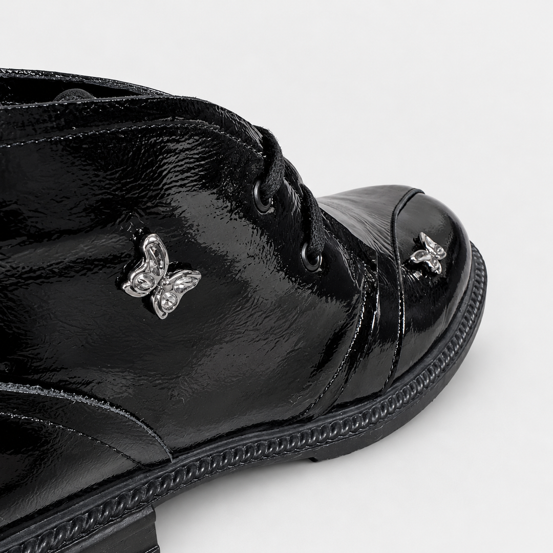 Black Leather Patent Square Toe Butterfly Shoe