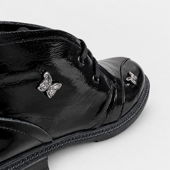 Black Leather Patent Square Toe Butterfly Shoe