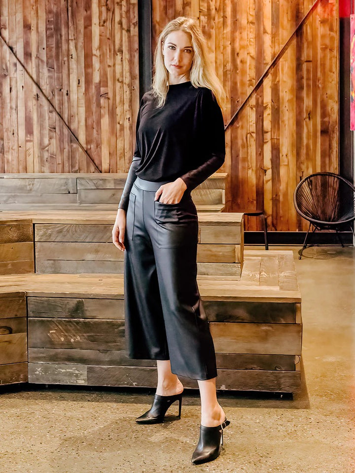 Black Liquid Leather Gaucho Pant