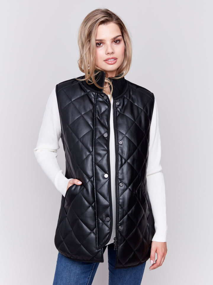 Black Long Quilted Faux Leather Vest