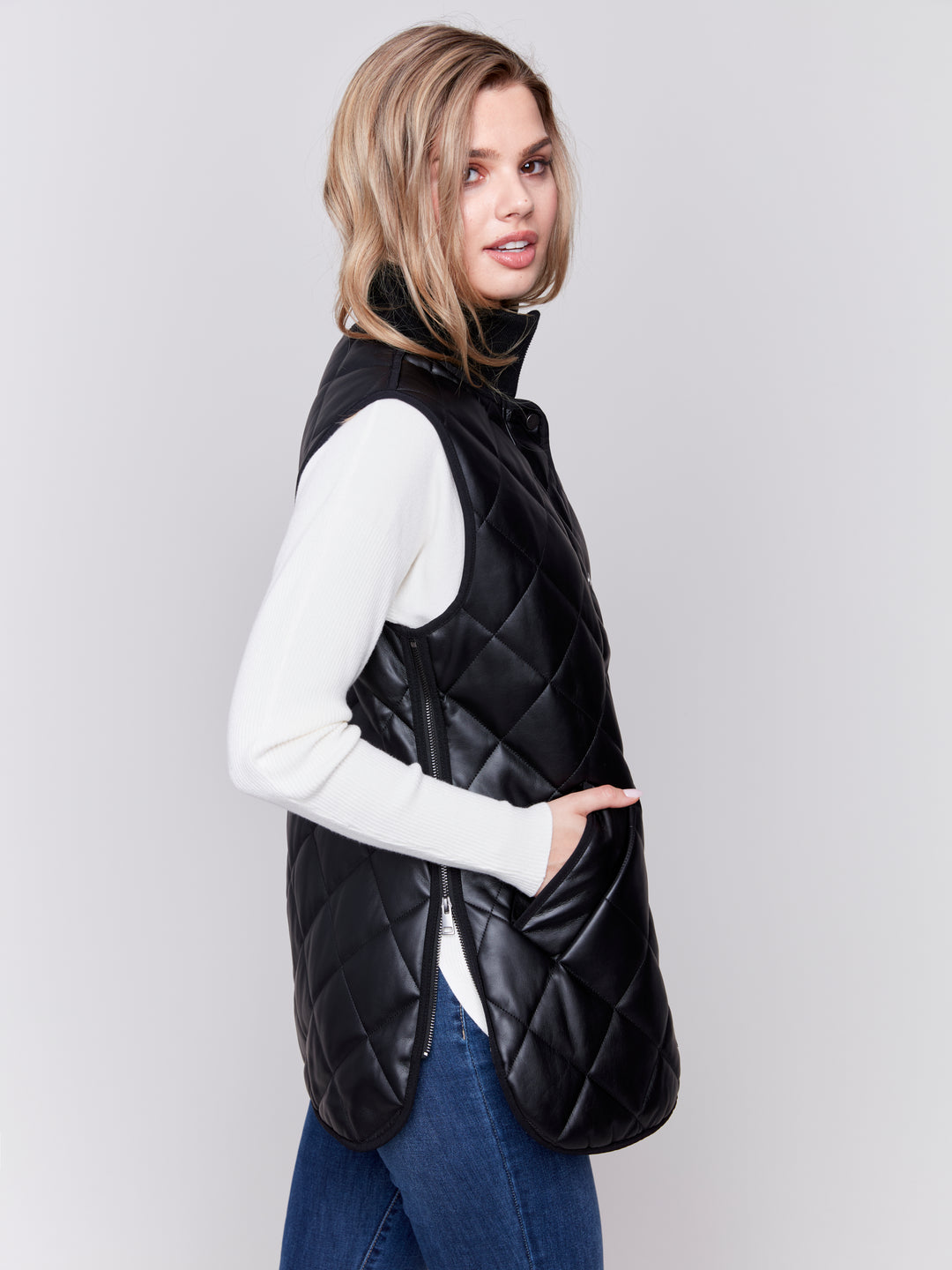 Black Long Quilted Faux Leather Vest