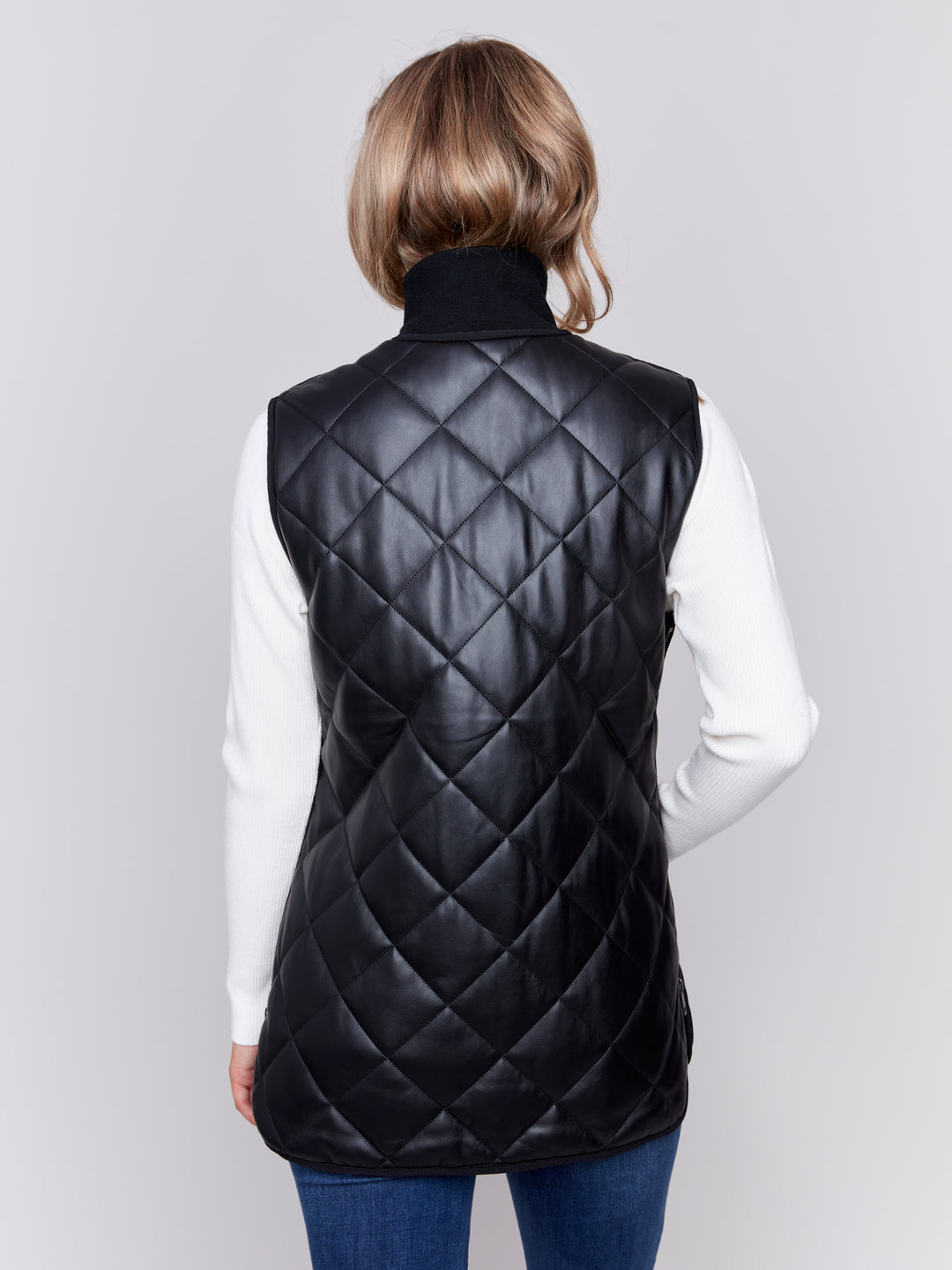 Black Long Quilted Faux Leather Vest