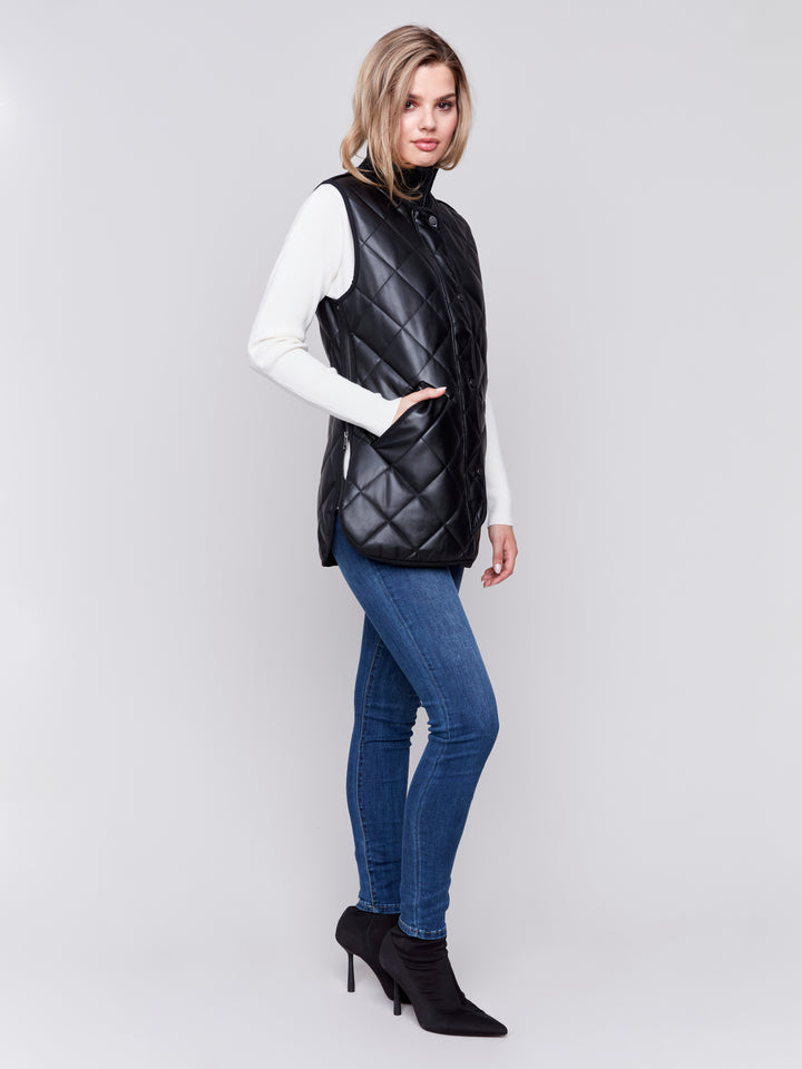 Black Long Quilted Faux Leather Vest