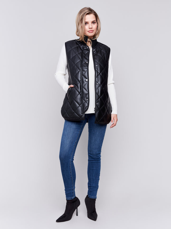 Black Long Quilted Faux Leather Vest