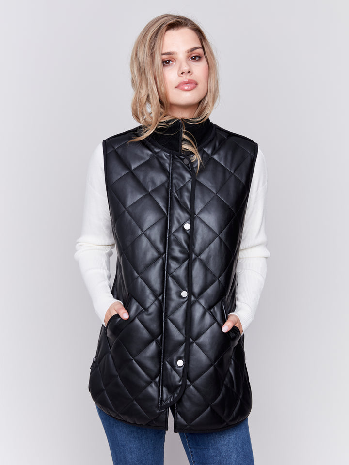 Black Long Quilted Faux Leather Vest