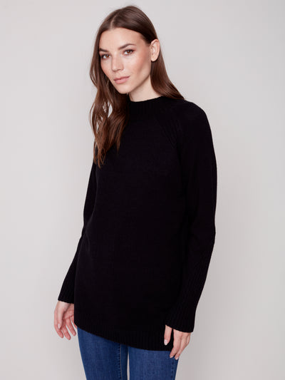 Black Mock Neck Plush Knit Tunic Sweater