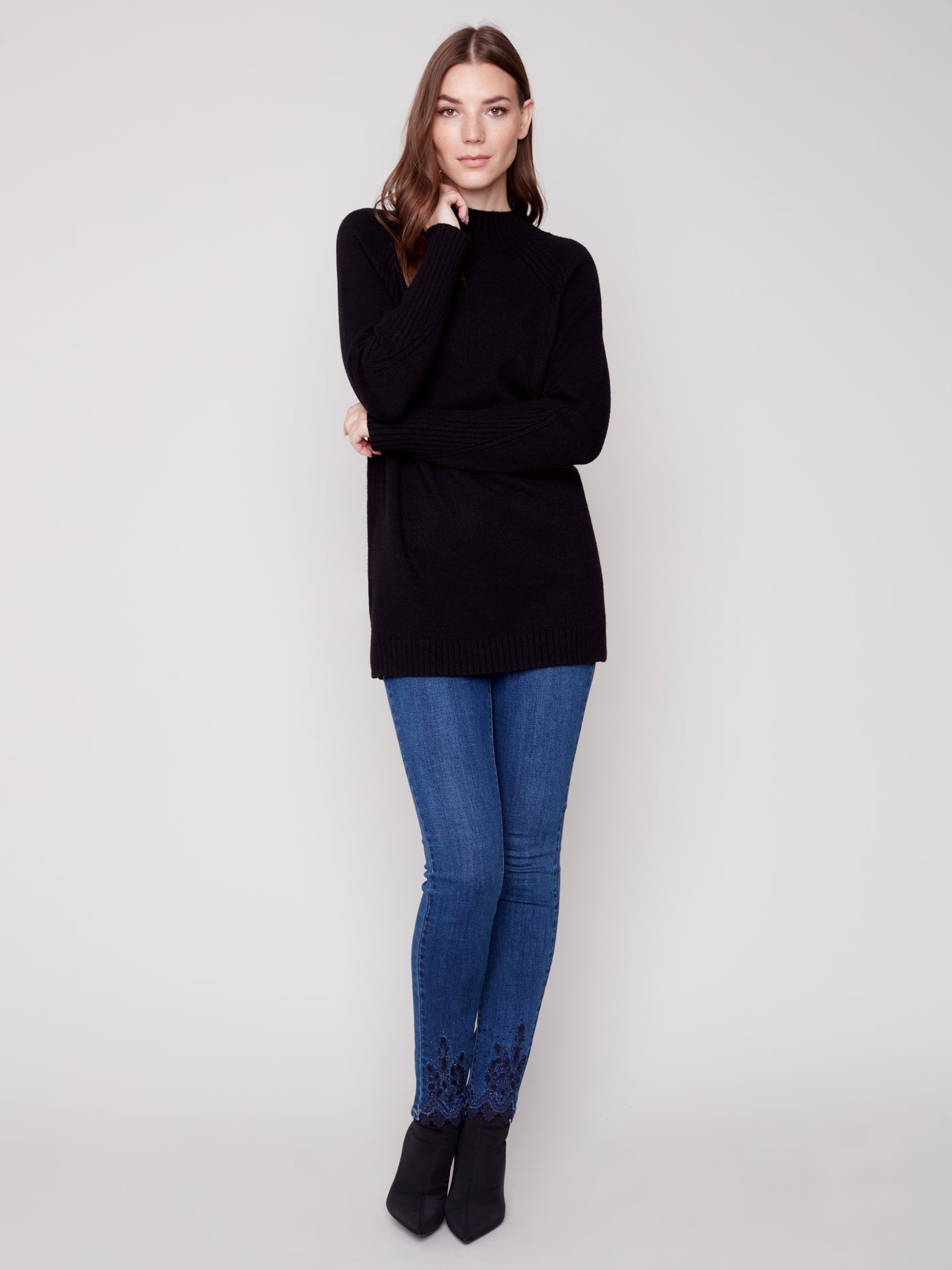 Black Mock Neck Plush Knit Tunic Sweater