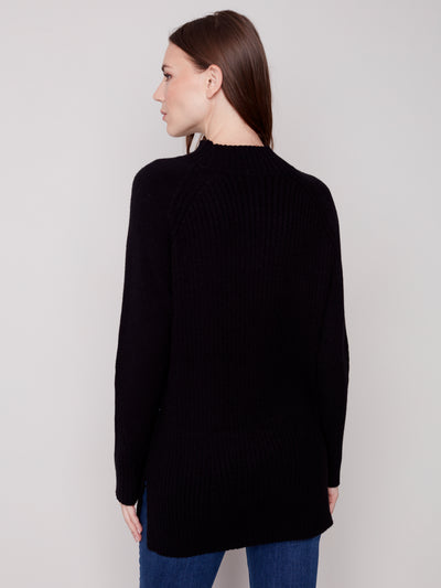 Black Mock Neck Plush Knit Tunic Sweater