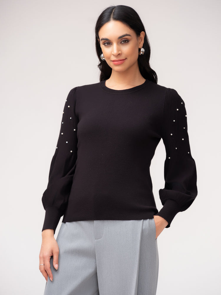 Black Pearl Puff Sleeve Sweater